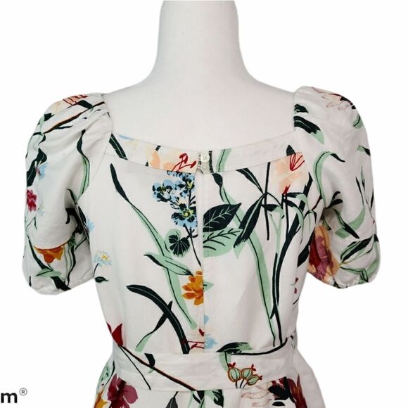LOFT White Multicolor Floral Puff Sleeve Tent Linen Dress Size 0P Tie Waist - Picture 10 of 12